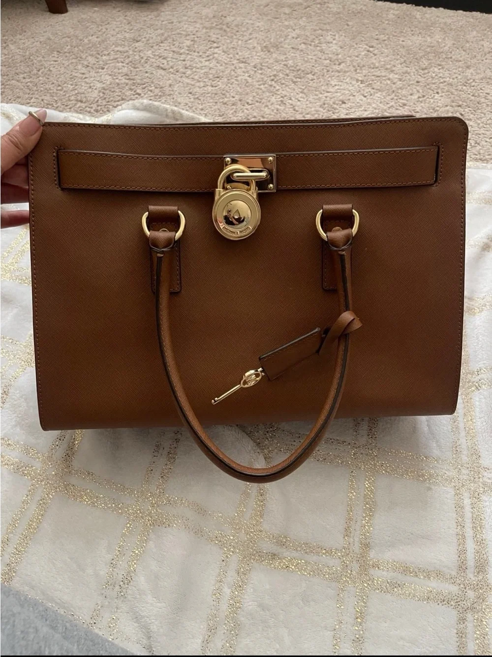 Michael Kors Cognac Saffiano Leather Satchel with Gold Accent